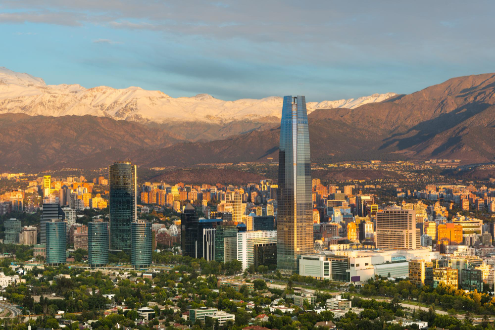 Skyline of santiago de chile at the foots of the andes mountain range and buildings at providencia